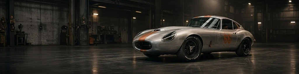 Borrmann E-Type Coupé in Silber mit orangefarbenem Streifen in der Werkstatthalle