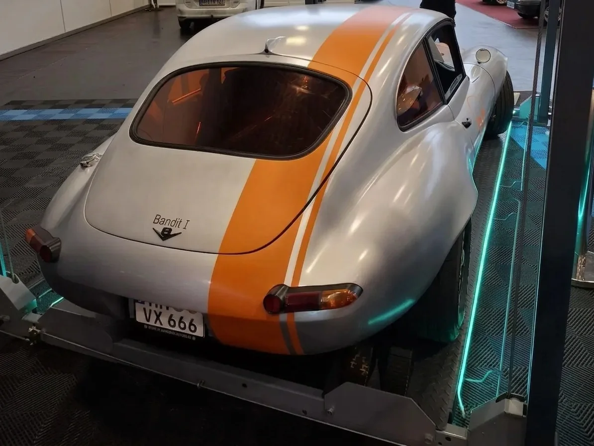 Heckansicht eines Borrmann in Silber mit orangefarbenem Rückgrat