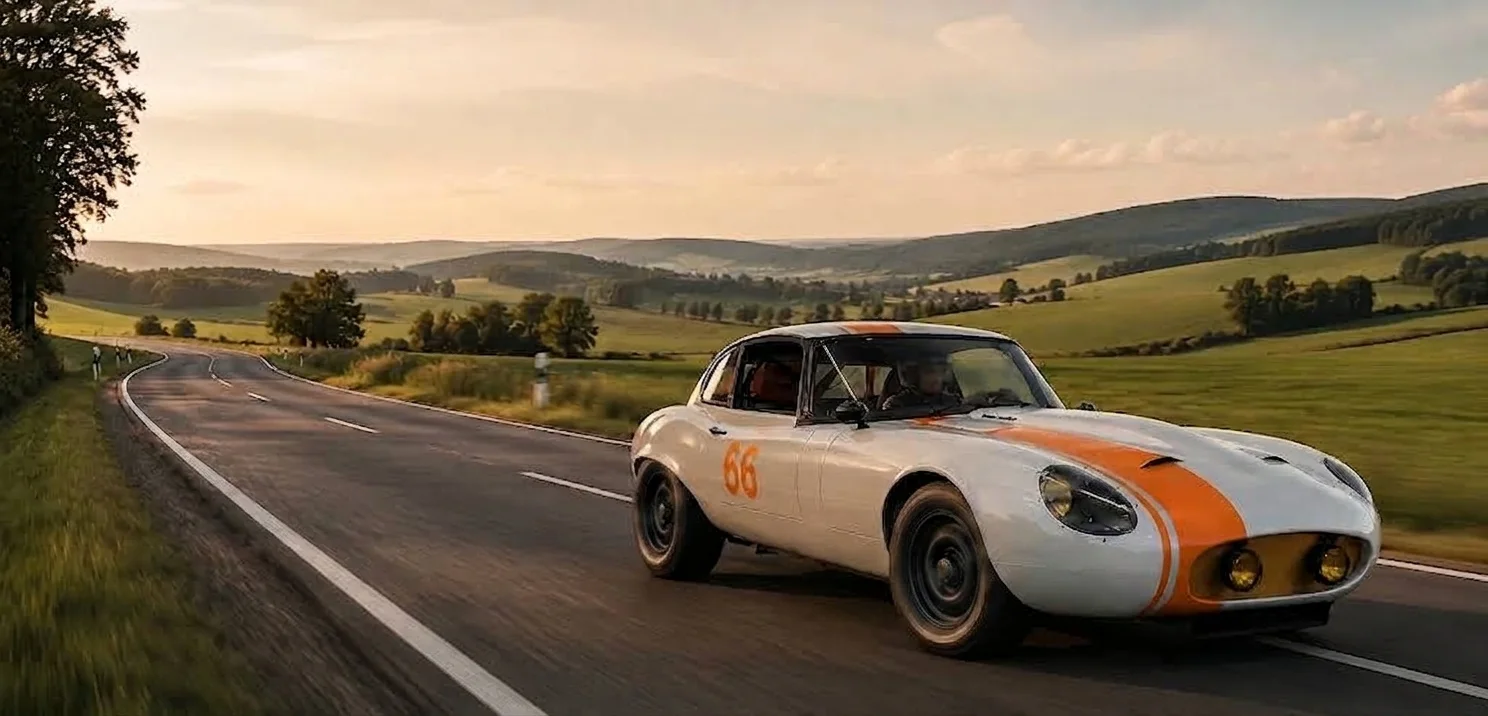 Bandit I on a winding country road at golden hour, hills and fields behind